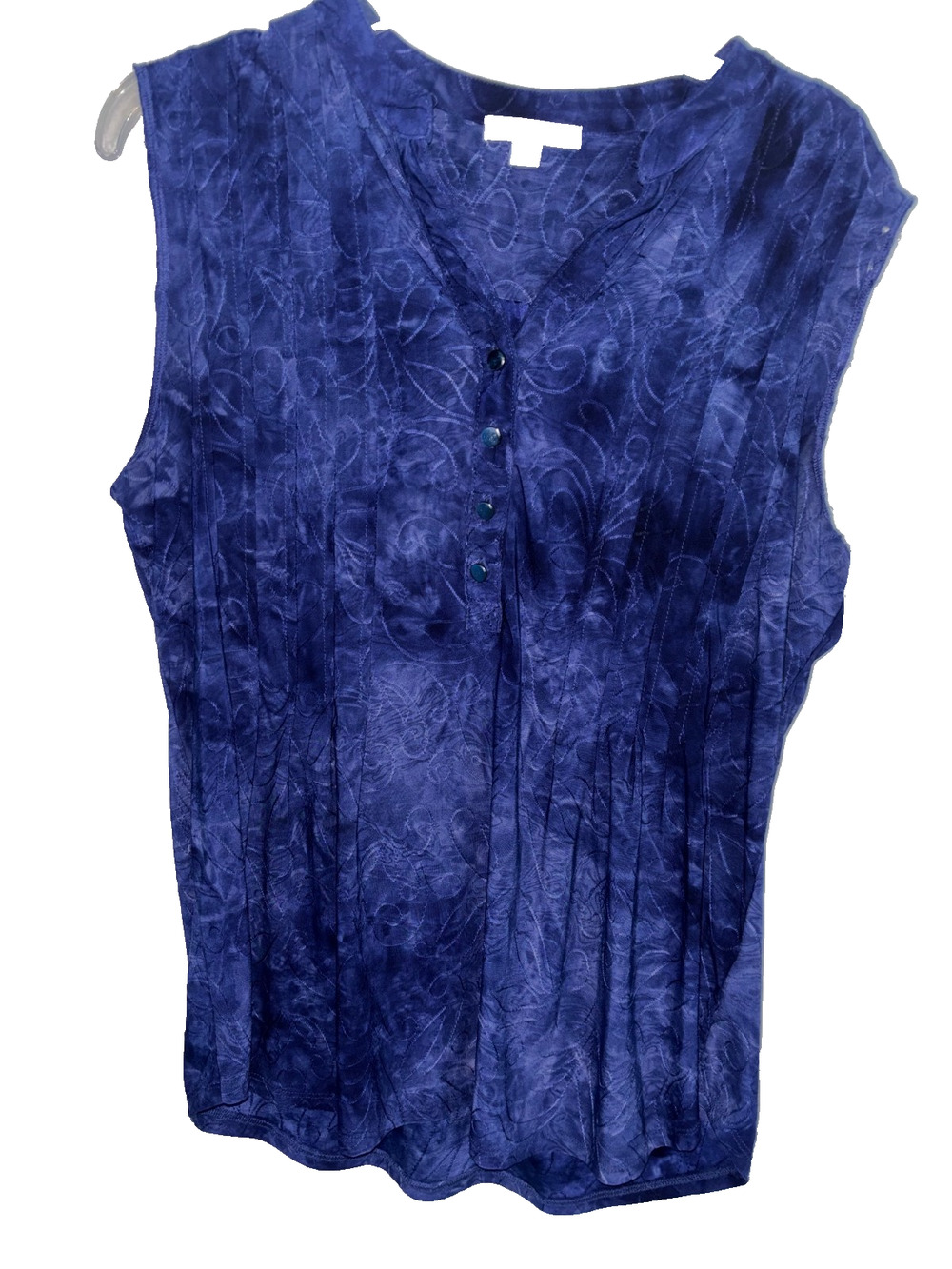 Westport 1962 Blouse Women L Blue Sleeveless Pleated Split Neck Casual Top Shirt